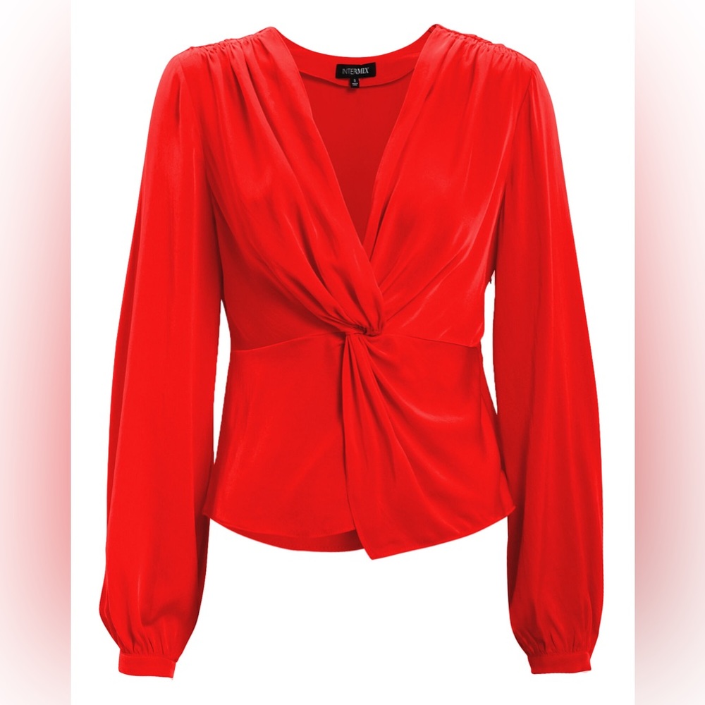 NWOT INTERMIX Size 4 Red Silk Dawn Silk Knot Front Zip Side Top
